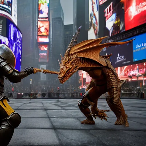 Image similar to a knight fighting a dragon in Times Square, unreal engine, 8k, photo realistic