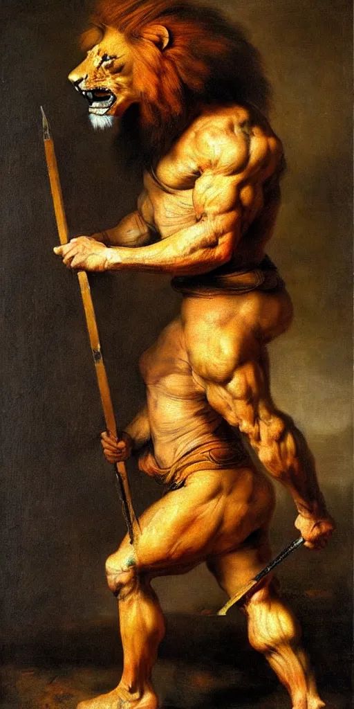 Prompt: muscular lion as barbarian hunter full body human legs , attack pose , very textured detailed oil painting by rembrandt