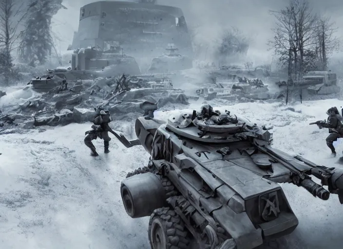 Prompt: still of soviet soldiers fighting against giant nazi monstrous robot in world war two eastern front setting, dieselpunk, winter concept art, artstation, stephen bliss, unreal engine, game screenshot