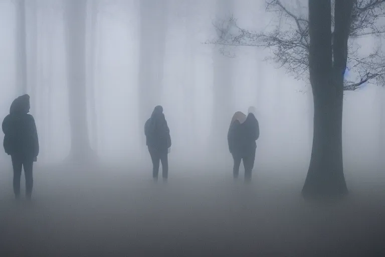 Image similar to photo of people being absorbed by the mist, eerie atmosphere, fear, mystery, dramatic, 8 k uhd