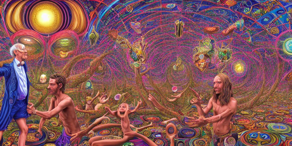 Image similar to hyper detailed portrait of a dmt time elf interacting with a psychedelic traveler, dmt portrait of benevolent time elves sharing their soul frequency, cathedral background, masterpiece composition, 8 k resolution, ultra fine illustration, alex grey, todd schorr, casey weldon, tokio aoyama, highly detailed,