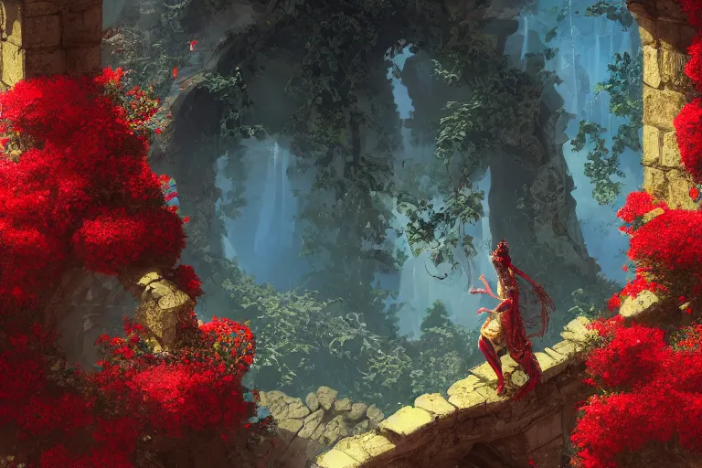 Prompt: broken arches leading to the pillars of eternity draped with red flowers and vines, blue sky, lens flare, a sense of mystery, cinematic, ultra detailed, intricate, sharp focus, trending on artstation, 8K, comic book illustration by Moebius