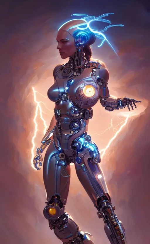 Prompt: Cyborg biomechanical goddess of lightning female, sci-fi, highly detailed, digital painting, artstation, concept art, smooth, sharp focus, illustration, art by artgerm and greg rutkowski and alphonse mucha