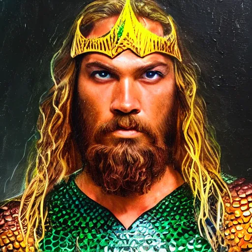 Image similar to intricate five star portrait of aquaman wearing his burning man festival costume, oil on canvas, hdr, high detail, photo realistic, hyperrealism, matte finish, high contrast, 3 d depth, centered, steampunk, tasteful colors, enhanced light effect, enhanced eye detail, artstationhd