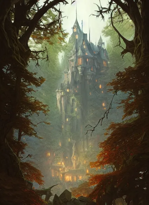 Image similar to an evil castle in the forest, deep focus, d & d, fantasy, intricate, elegant, highly detailed, digital painting, artstation, concept art, matte, sharp focus, illustration, hearthstone, art by artgerm and greg rutkowski and alphonse mucha
