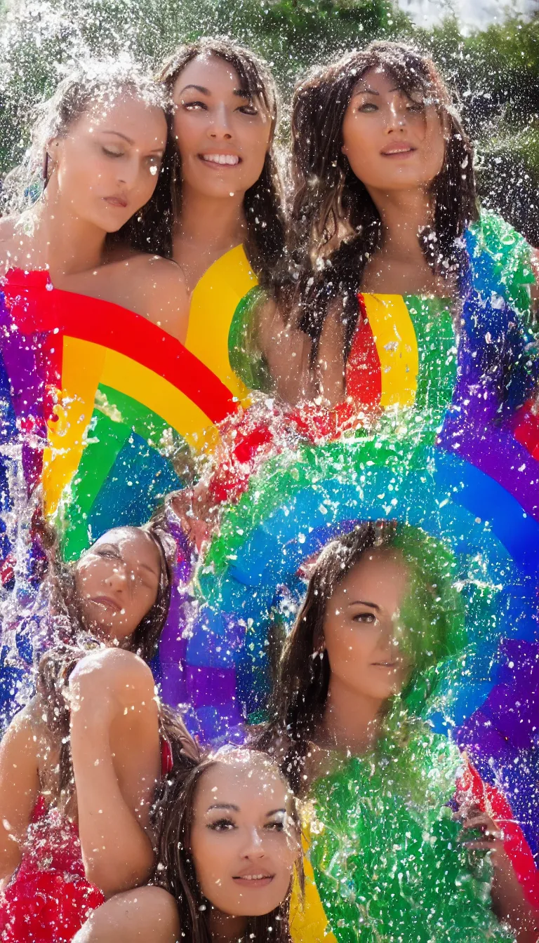 Image similar to 2 Beautiful women under the rainbow fountain, very beautiful, attractive, 4k,