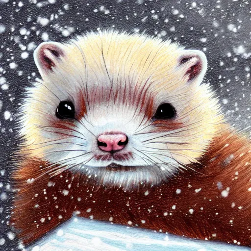 Image similar to cute fluffy ferret sitting in snowy winter landscape detailed painting 4 k