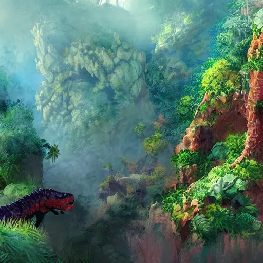 Prompt: Canyon in the jungle with corals and dinosaur dkeletons, 8k, detailed, concept art, trending on artstation