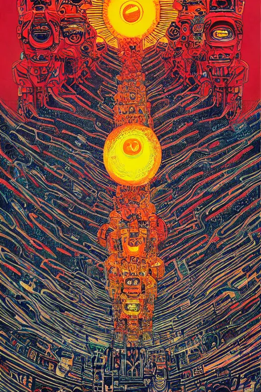 Image similar to a painting of a blazing geometric sun above a totem of robot heads, detailed, 4 k, by stanley donwood philippe druillet and victo ngai,