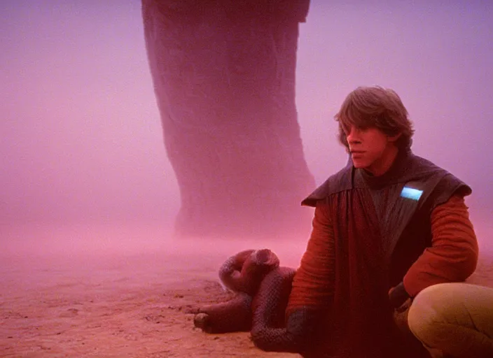 Prompt: Luke skywalker kneels before a star wars alien creature, the oracle, mystic. in a foggy pink land. 1983 Photographed with Leica Summilux-M 24 mm lens, ISO 100, f/8, Portra 400