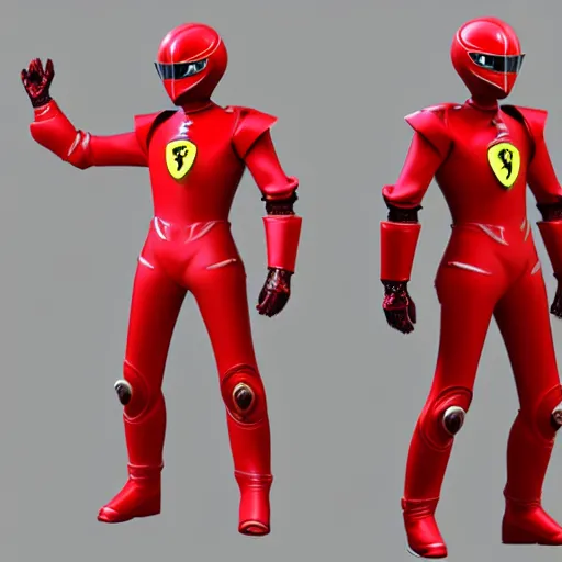 Prompt: Tokusatsu character based on Ferrari, red mechanical skinny body, chest plate with Ferrari logo, stylized motorcycle helmet, full body, unreal engine, 3D model