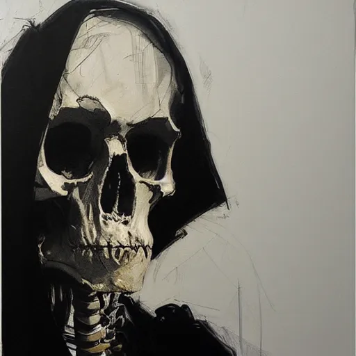 Prompt: a skeleton in black cloak by Guy Denning