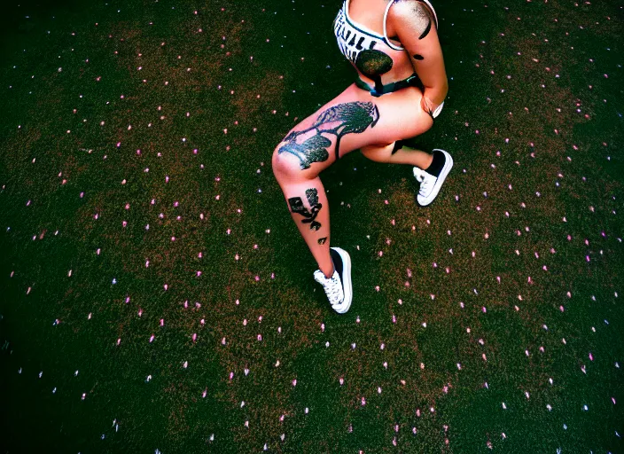 Image similar to photograph from above of a streetwear mixed woman wearing thick mascara in a brutalist topiary garden, crying, a city on fire in the background, tattoos, dark glitter makeup, Cinestill 50d, 4k, 8k, hd, full color