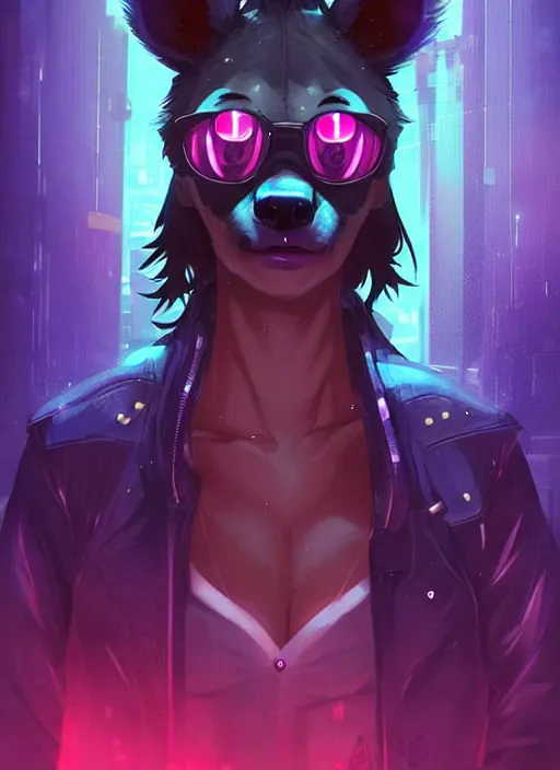 Image similar to beautiful portrait commission of a female furry anthro hyena fursona wearing a police uniform. Cyberpunk city at night in the rain. Neon light. Atmospheric. Character design by charlie bowater, ross tran, artgerm, and makoto shinkai, detailed, inked, western comic book art