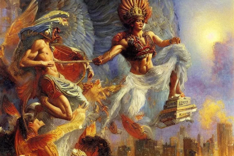 Image similar to portrait of the god hermes in modern times flying through a city to delivering pizza. art by gaston bussiere.