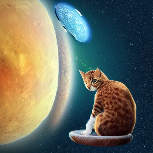 Prompt: A cat sitting on the planet earth in space, digital art