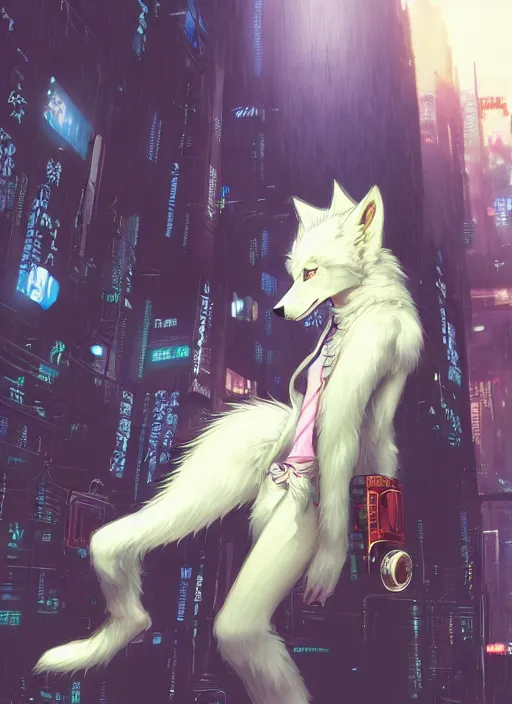 Image similar to character portrait of a male anthro albino wolf fursona with a tail and a cute beautiful attractive detailed furry face wearing stylish cyberpunk clothes in a cyberpunk city at night while it rains. hidari, color page, tankoban, 4K, tone mapping, Akihiko Yoshida.