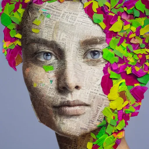 Prompt: a portrait of a woman constructed from flower petals, layered composition, layers, texture, mcu, newspaper, highly textured, layered, sculpted, dynamic,