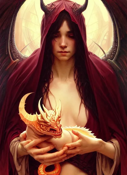 Prompt: a beautiful satanic sorcerer holding a baby dragon, intricate, sharp focus, illustration, highly detailed, digital painting, concept art, matte, art by wlop and artgerm and greg rutkowski and alphonse mucha, masterpiece