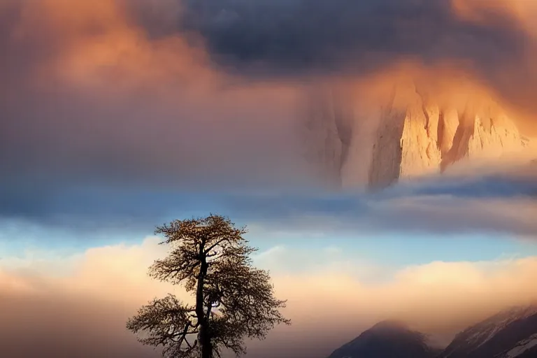 Image similar to beautiful landscape photo by marc adamus, mountains, tree in the foreground, dramatic sky,