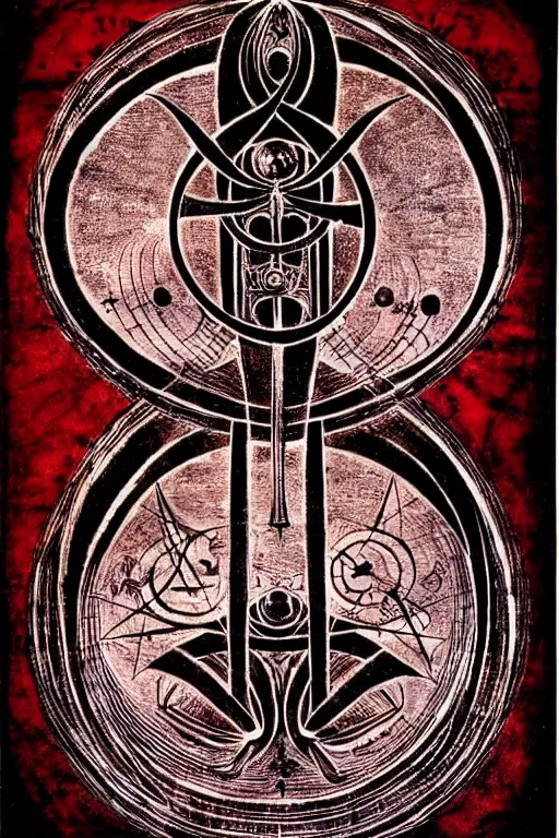 Prompt: masterpiece, symmetrical occult summoning sigil calligraphy, old stained paper texture, elegant crimson and black ink linework, by leonardo da vinci, h. r. giger, biomechanical, alchemy, monogram