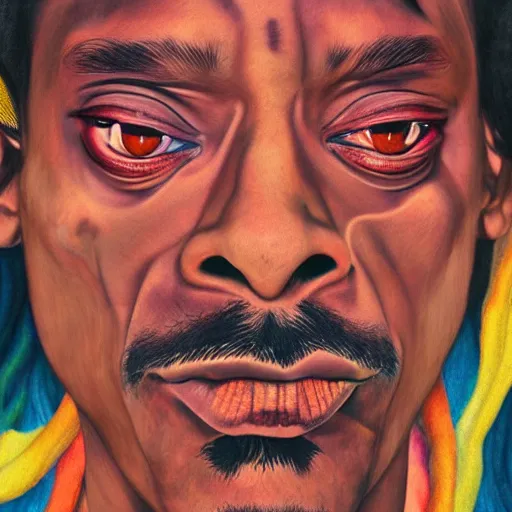 Image similar to colour masterpiece surreal closeup portrait photography snoop dogg by miho hirano and annie leibovitz and michael cheval, psychedelic smoke background, 8 k