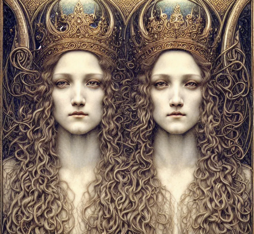 Image similar to detailed realistic beautiful young medieval queen face portrait by jean delville, gustave dore and marco mazzoni, art nouveau, symbolist, visionary, gothic, pre - raphaelite. horizontal symmetry