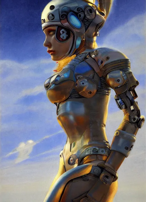 Image similar to symmetry!!! closeup portrait! of a racer pirate girl, cyborg jumpsuit, in clouds, cinematic light, windy, sunrise, by gerald brom, by mikhail vrubel, by peter elson, muted colors, extreme detail, trending on artstation, 8 k