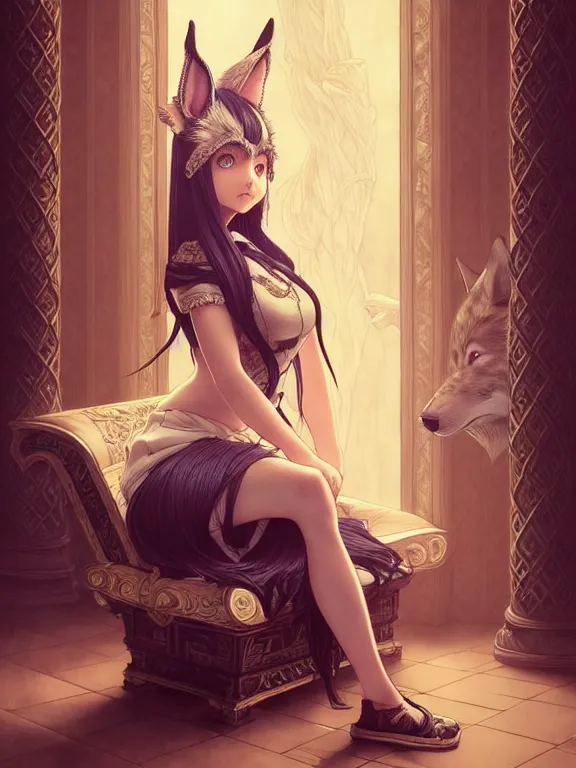 Image similar to full body picture of a girl with wolf ears sitting on the throne, bored, beautiful and aesthetic, intricate, unreal engine, neat hair, highly detailed, detailed face, smooth, sharp focus, chiaroscuro, manga illustration, artgerm, greg rutkowski, ilya kuvshinov, rossdraws, alphonse mucha, young adult light novel cover art