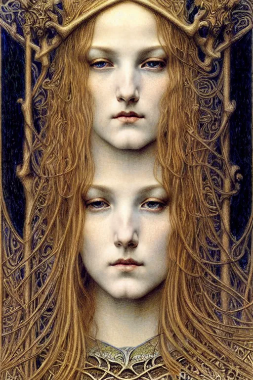 Image similar to detailed realistic beautiful young medieval queen face portrait by jean delville, gustave dore and marco mazzoni, art nouveau, symbolist, visionary, gothic, pre - raphaelite. horizontal symmetry