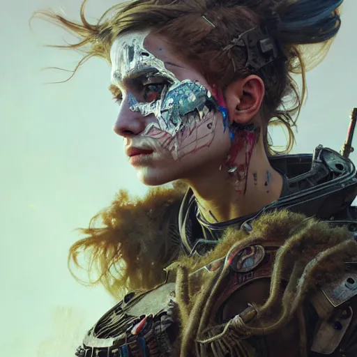 Prompt: portrait painting of a post - apocalyptic teenage girl with warpaint on her face wearing scrap armor, concept art, intricate details, eerie, highly detailed, octane render, 8 k, unreal engine. art by artgerm and greg rutkowski and charlie bowater and magali villeneuve and alphonse mucha