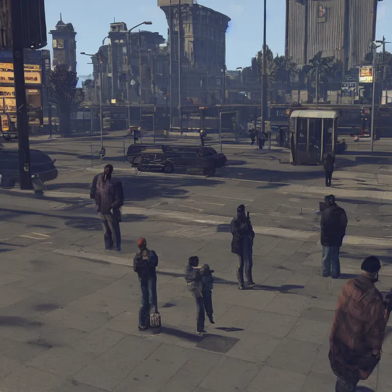 Prompt: some people waiting in a lone bus stop in qiet dark city, by GTA5 in game