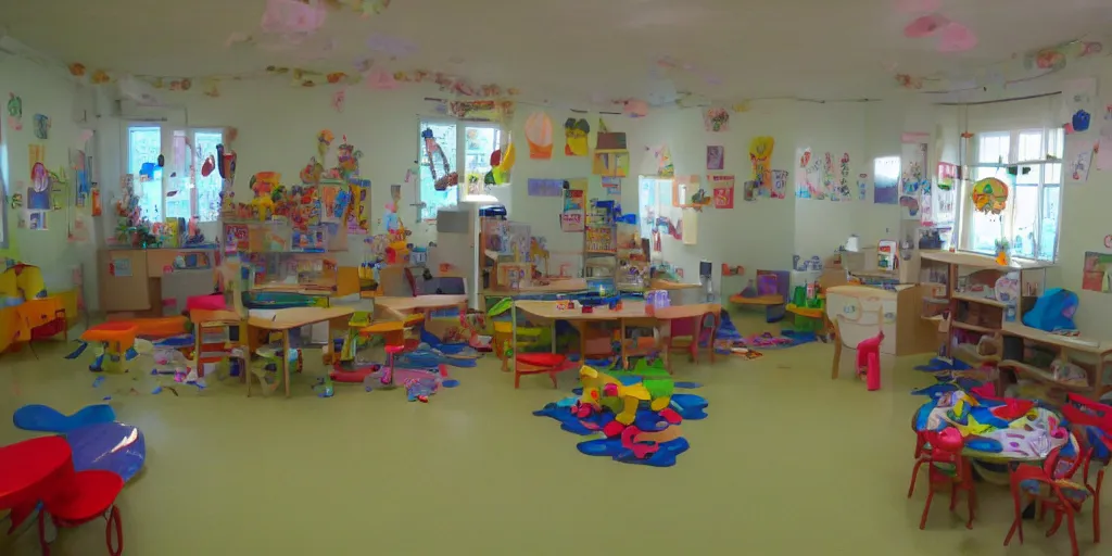 Image similar to childrens daycare indoors limital space, not well litt, creepy photo