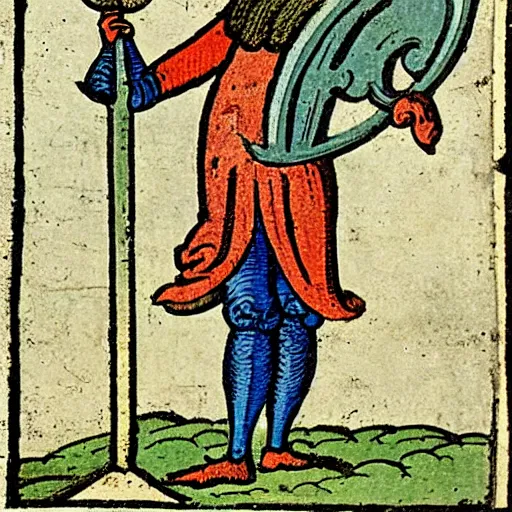 Image similar to a 1 8 th century illustration of a medieval peasant holding a large blue trident above his head.