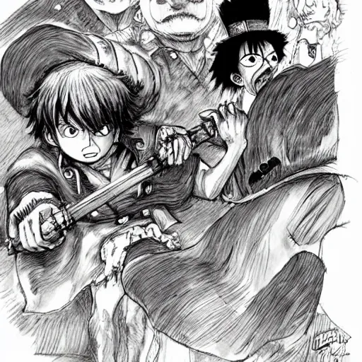 Image similar to [ luffy mustache ] ( by kim jung gi ) ( by kentaro miura ) ( by george morikawa )