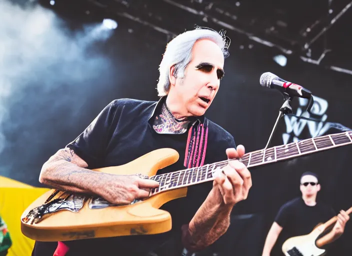 Prompt: photo still of henry winkler on stage at vans warped tour!!!!!!!! at age 3 3 years old 3 3 years of age!!!!!!!! shredding on guitar, 8 k, 8 5 mm f 1. 8, studio lighting, rim light, right side key light