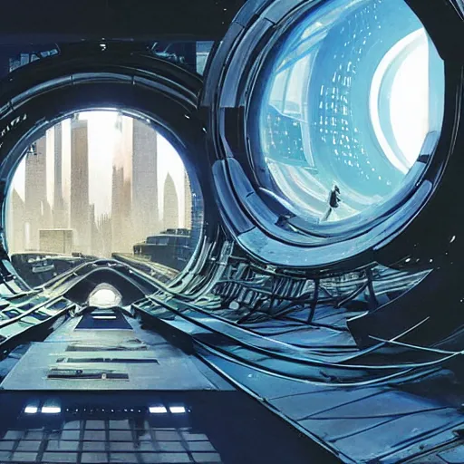 Image similar to centered circular derelict portal in a middle of a futuristic cityscape located under a bridgeway, world seen only through a portal, daylight, cinematic perspective, cinematic lighting, blue sky, syd mead, john harris, symmetrical