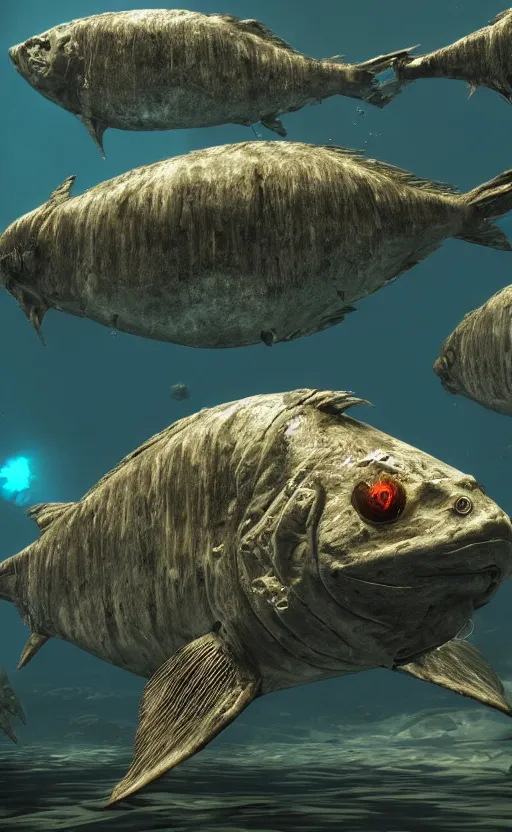Prompt: cybernetic piranha, dark underwater scene, unreal engine, raytracing, 4 k