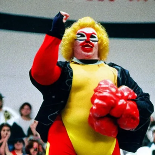 Prompt: Ronald McDonald as a wrestler in WWE, 1990