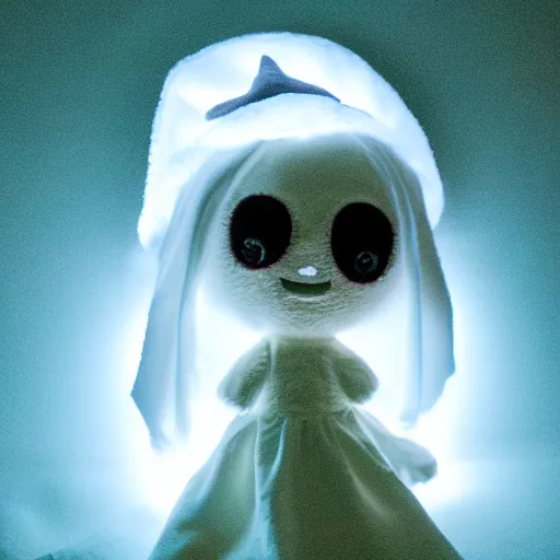 Prompt: cute fumo plush wraith girl lit by a flashlight, grainy found footage, trail cam footage, bokeh f / 2. 5, vray