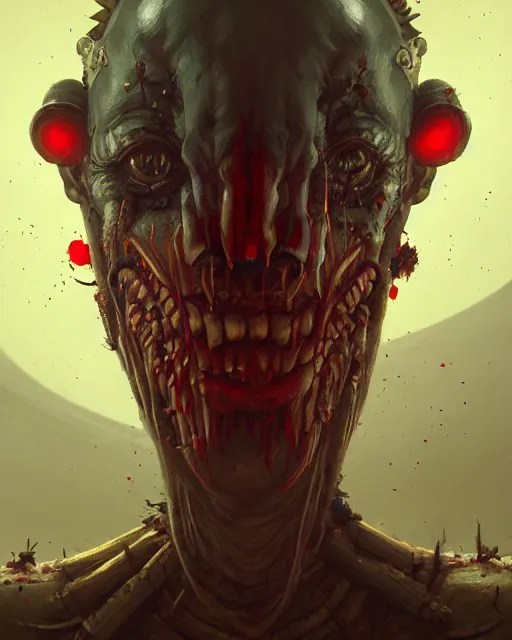 Prompt: fantasy evil clown hybrid centipede portrait, beaten, rugged, highly detailed, intricate background, complex 3 d render by ilya kuvshinov, peter mohrbacher, greg rutkowski, simon stalenhag, thomas kinkade, victo ngai. unreal engine, blender, octane, ray tracing. sharp focus, masterpiece, post processing, deviantart