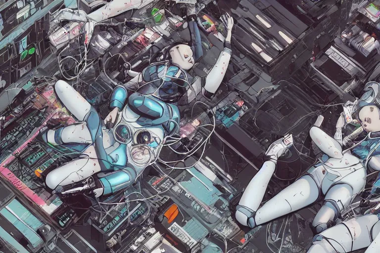 Prompt: a cyberpunk illustration of a group of female androids in style of yukito kishiro, lying on an abstract, empty, white floor with their body parts scattered around in various poses and cables and wires coming out, by masamune shirow and katsuhiro otomo, hyper-detailed, intricate, view from above