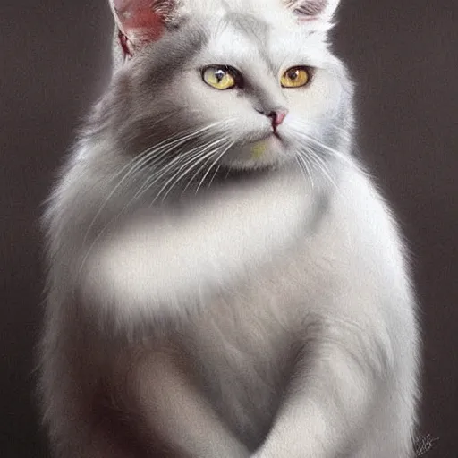 Image similar to a big dark old menacing, yellow eyed, grey cat with white belly, white paws and white face markings with long fur and fluffy tail sitting, intricate, elegant, highly detailed, digital painting, artstation, concept art, matte, sharp focus, illustration, art by Artgerm and Greg Rutkowski and Alphonse Mucha