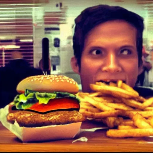 Prompt: grainy screenshot from a video of a demon eating a burger