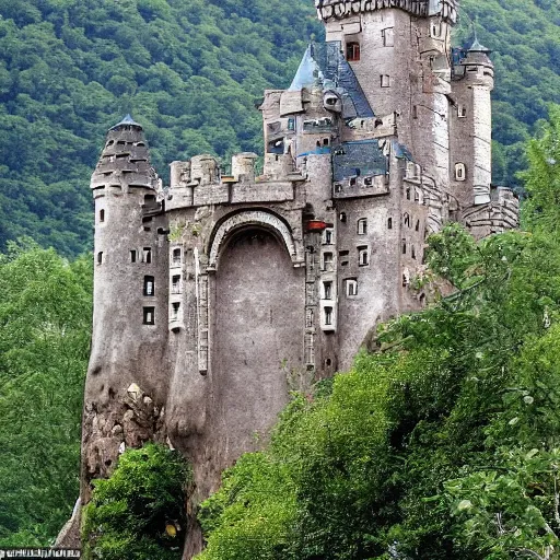 Prompt: castle carved into the side of a mountain with a moat full of crocodile