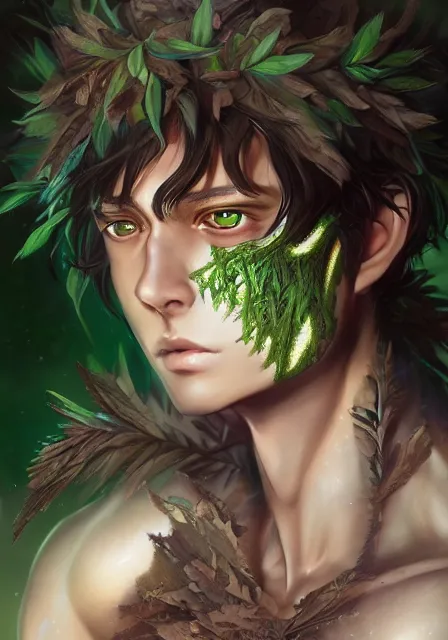 Image similar to A realistic anime portrait of a handsome dryad with glowing green eyes and tree bark skin wearing clothes made of leaves, digital painting, by Stanley Artgerm Lau, Sakimichan, WLOP and Rossdraws, digtial painting, trending on ArtStation, SFW version