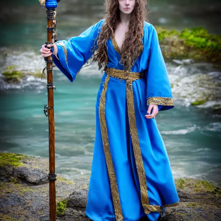 Image similar to photograph of a real-life beautiful elemental water witch with ornate blue robes and staff. Extremely detailed. 8k