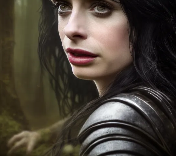 Image similar to 5 5 mm close up portrait photo of krysten ritter as yennefer of vengerberg in black leather armor and black hair, in a forest. magical atmosphere. art by greg rutkowski. lifelike. very detailed 8 k. intricate. soft light. nikon d 8 5 0.