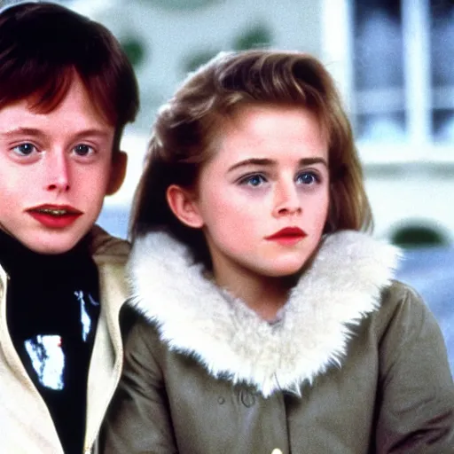 Prompt: elon musk and emma watson as a kids in home alone movie 4k