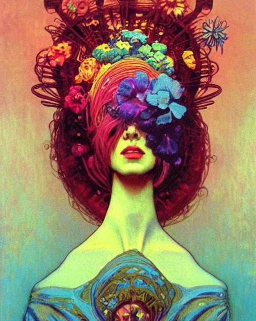 Prompt: rainbow flowerpunk portrait of a strict matriarch by paul lehr, beksinski, alphonse mucha